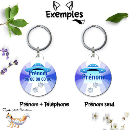 Médaille ronde personnalisée chien ou chat, motif soucoupe volante ovni