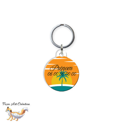 Médaille ronde personnalisée chien ou chat, motif coucher de soleil rétro