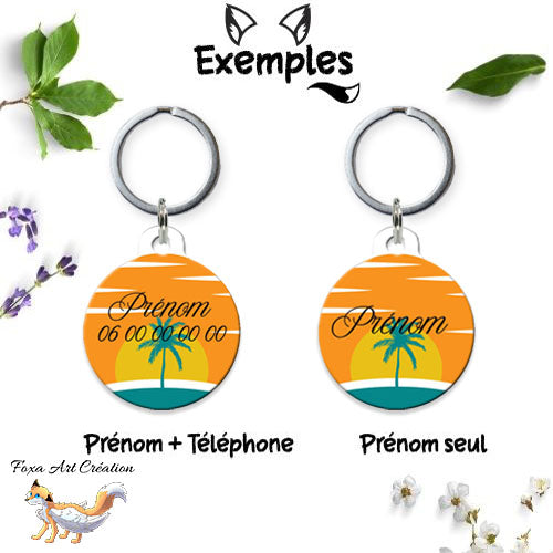 Médaille ronde personnalisée chien ou chat, motif coucher de soleil rétro