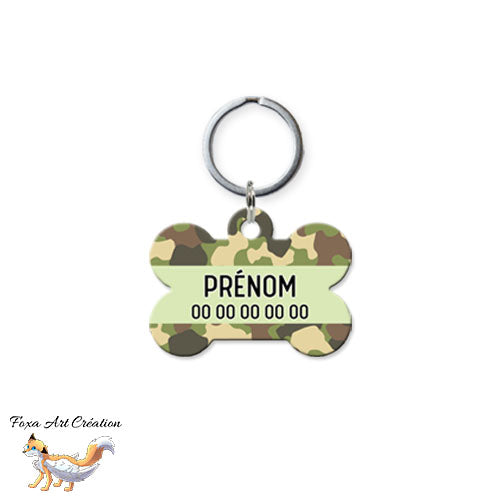 Médaille chien personnalisée motif camouflage forme os