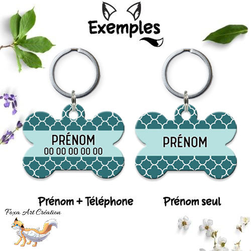 Médaille chien personnalisée motif mosaïque vert forme os