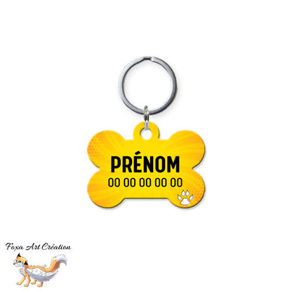 Médaille chien personnalisée motif jaune forme os