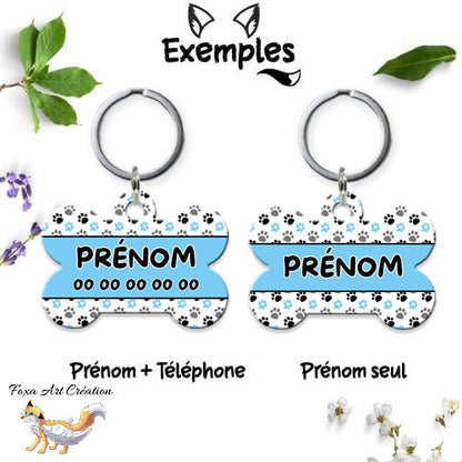 Médaille chien personnalisée motif bleu pattes forme os