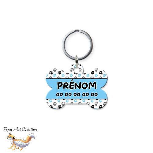 Médaille chien personnalisée motif bleu pattes forme os