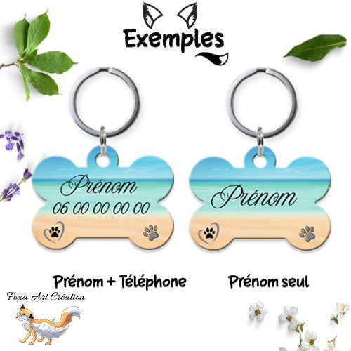 Médaille chien personnalisée motif plage modèle 2 forme os