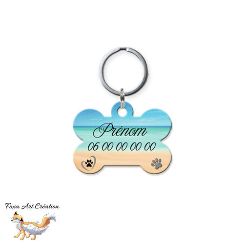 Médaille chien personnalisée motif plage modèle 2 forme os