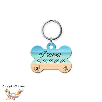 Médaille chien personnalisée motif plage modèle 2 forme os