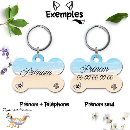 Médaille chien personnalisée motif plage modèle 1 forme os