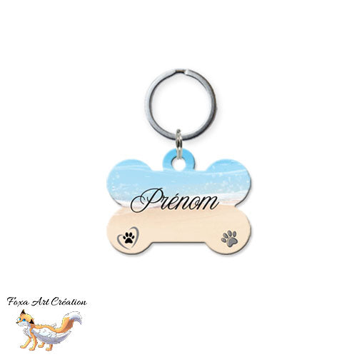 Médaille chien personnalisée motif plage modèle 1 forme os
