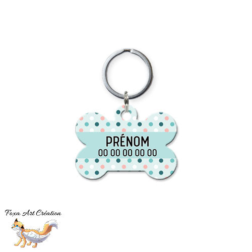 Médaille chien personnalisée motif pois rétro pastel couleur mixte forme os