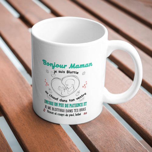 Mug personnalisé arrivée de bébé, bonjour maman, turquoise, tasse cadeau personnalisable, fête des mères