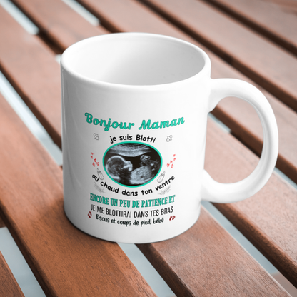 Mug personnalisé avec échographie, bonjour maman, turquoise, tasse cadeau personnalisable, fête des mères