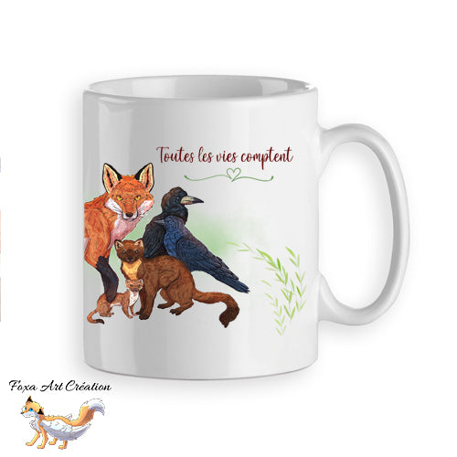 Mug "Toutes Les Vies Comptent" - Tasse Animaux ESOD "nuisibles" Écologie Faune Sauvage, Renard, Illustration
