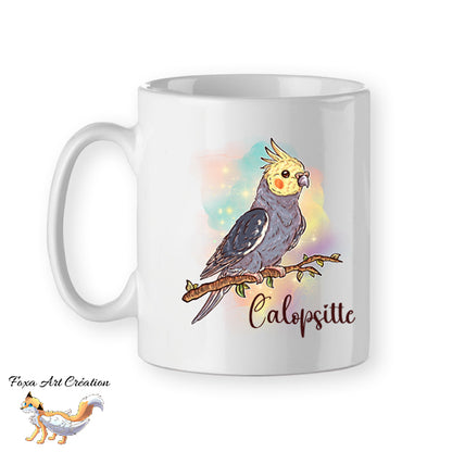 Mug Calopsitte Élégante Jaune et Gris, tasse cadeau perruche, petit perroquet oiseau, Illustration