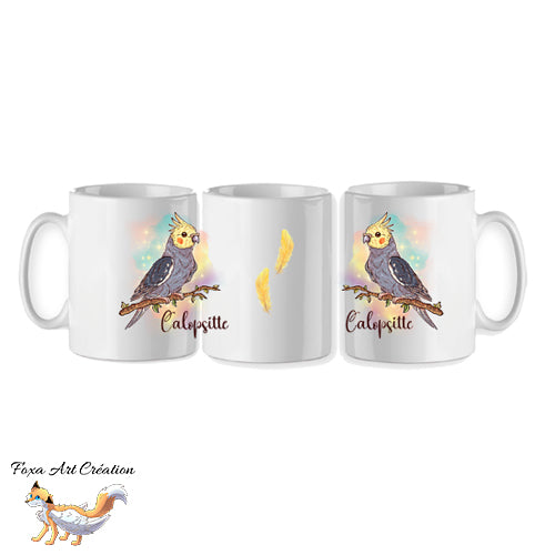 Mug Calopsitte Élégante Jaune et Gris, tasse cadeau perruche, petit perroquet oiseau, Illustration