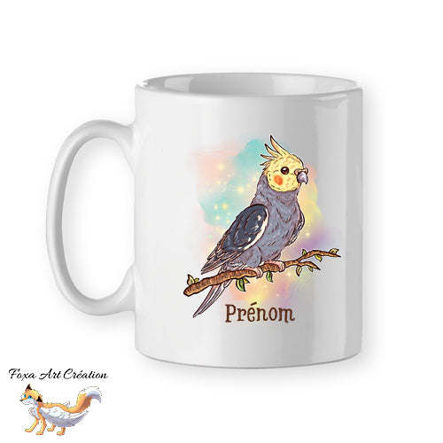 Mug Calopsitte Élégante Jaune et Gris, tasse cadeau prénom personnalisable perruche, petit perroquet oiseau, Illustration