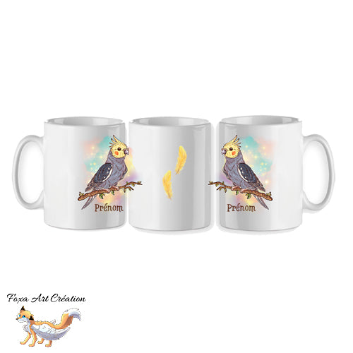 Mug Calopsitte Élégante Jaune et Gris, tasse cadeau prénom personnalisable perruche, petit perroquet oiseau, Illustration