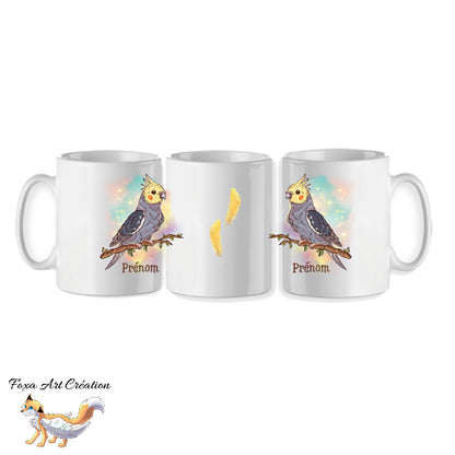 Mug Calopsitte Élégante Jaune et Gris, tasse cadeau prénom personnalisable perruche, petit perroquet oiseau, Illustration