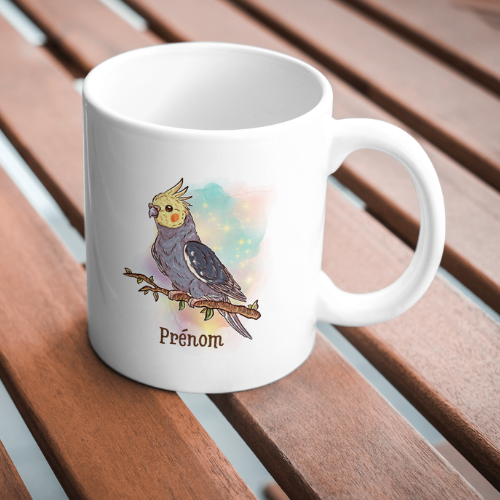 Mug Calopsitte Élégante Jaune et Gris, tasse cadeau prénom personnalisable perruche, petit perroquet oiseau, Illustration