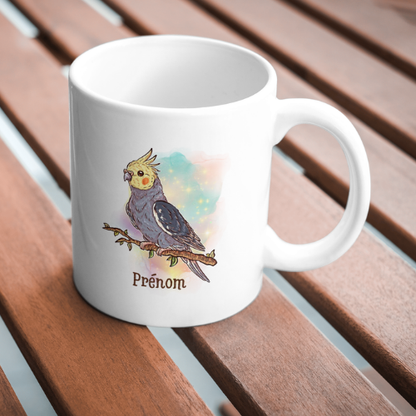 Mug Calopsitte Élégante Jaune et Gris, tasse cadeau prénom personnalisable perruche, petit perroquet oiseau, Illustration