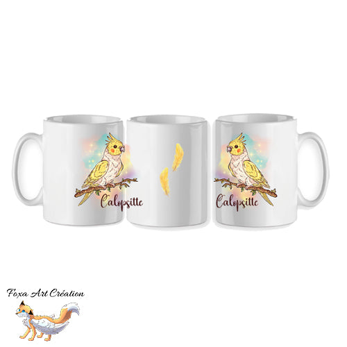Mug Calopsitte Élégante Jaune, tasse cadeau perruche, petit perroquet oiseau, Illustration