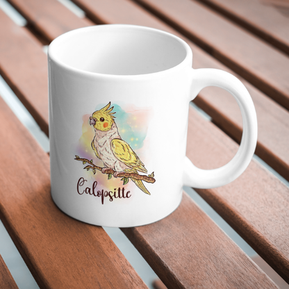 Mug Calopsitte Élégante Jaune, tasse cadeau perruche, petit perroquet oiseau, Illustration