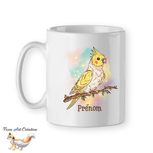 Mug Calopsitte Élégante Jaune, tasse cadeau prénom personnalisable perruche, petit perroquet oiseau, Illustration