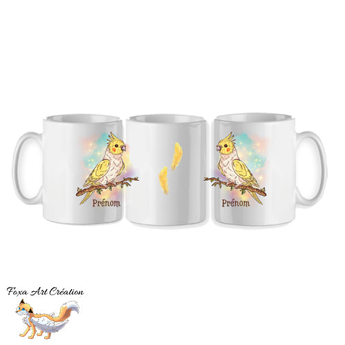 Mug Calopsitte Élégante Jaune, tasse cadeau prénom personnalisable perruche, petit perroquet oiseau, Illustration