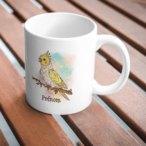 Mug Calopsitte Élégante Jaune, tasse cadeau prénom personnalisable perruche, petit perroquet oiseau, Illustration