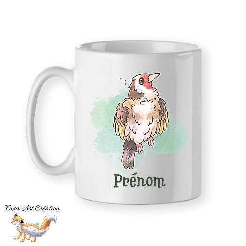 Mug Chardonneret élégant, tasse cadeau prénom personnalisable
