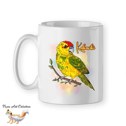 Mug Kakariki Jaune Panaché, Perruche de Sparrman, tasse cadeau petit perroquet oiseau, Illustration