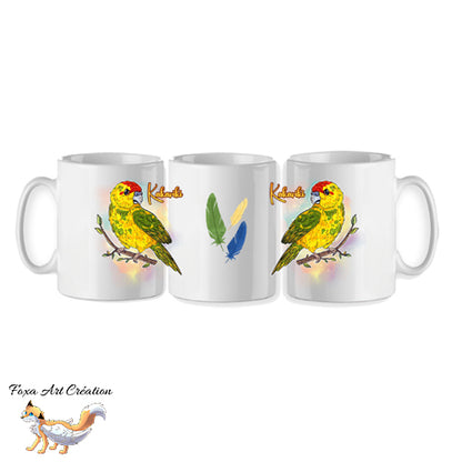 Mug Kakariki Jaune Panaché, Perruche de Sparrman, tasse cadeau petit perroquet oiseau, Illustration