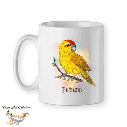Mug Kakariki Jaune Lutino, Perruche de Sparrman, tasse cadeau prénom personnalisable petit perroquet oiseau, Illustration