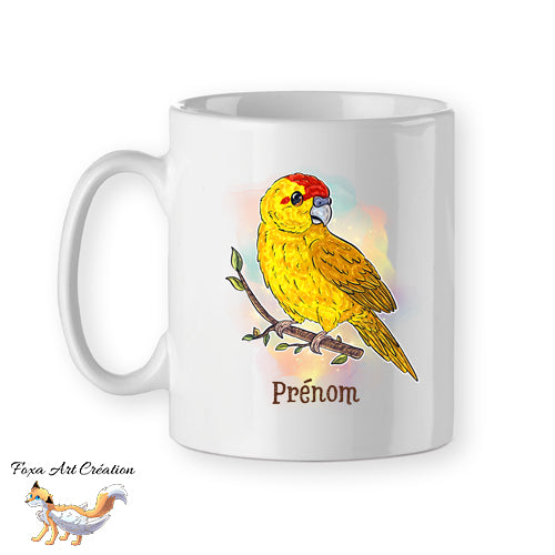 Mug Kakariki Jaune Lutino, Perruche de Sparrman, tasse cadeau prénom personnalisable petit perroquet oiseau, Illustration