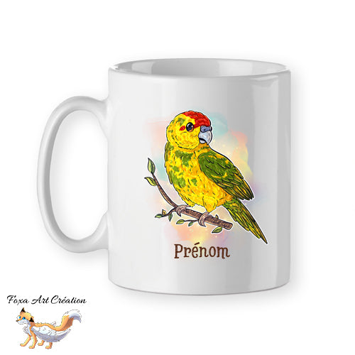 Mug Kakariki Jaune Panaché, Perruche de Sparrman, tasse cadeau prénom personnalisable petit perroquet oiseau, Illustration
