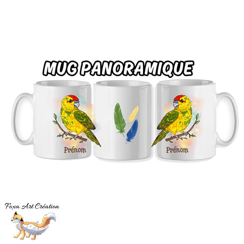 Mug Kakariki Jaune Panaché, Perruche de Sparrman, tasse cadeau prénom personnalisable petit perroquet oiseau, Illustration