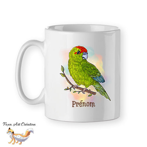 Mug Kakariki Vert, Perruche de Sparrman, tasse cadeau prénom personnalisable petit perroquet oiseau