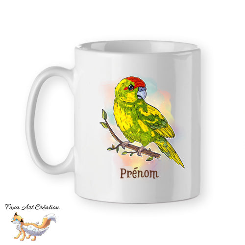 Mug Kakariki Vert Panaché, Perruche de Sparrman, tasse cadeau prénom personnalisable petit perroquet oiseau, Illustration