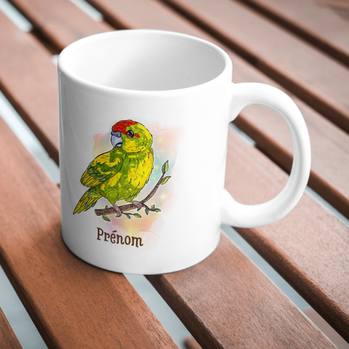 Mug Kakariki Vert Panaché, Perruche de Sparrman, tasse cadeau prénom personnalisable petit perroquet oiseau, Illustration