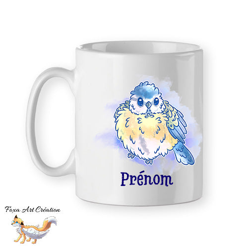 Mug Mésange bleue, tasse cadeau prénom personnalisable