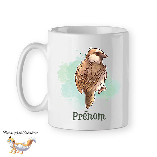 Mug Moineau, tasse cadeau prénom personnalisable