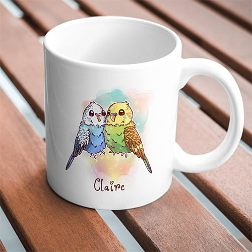 Mug Perruches Ondulées, tasse cadeau prénom personnalisable