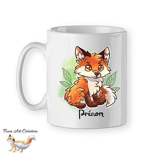 Mug Renard Roux, Mignon et Assis, feuilles vertes, tasse cadeau personnalisable