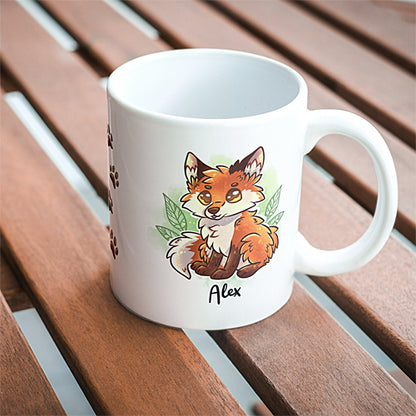 Mug Renard Roux, Mignon et Assis, feuilles vertes, tasse cadeau personnalisable