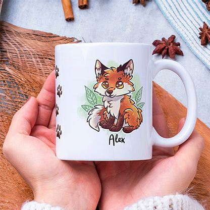 Mug Renard Roux, Mignon et Assis, feuilles vertes, tasse cadeau personnalisable