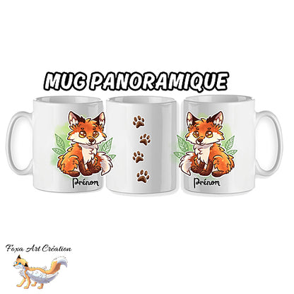 Mug Renard Roux, Mignon et Assis, feuilles vertes, tasse cadeau personnalisable
