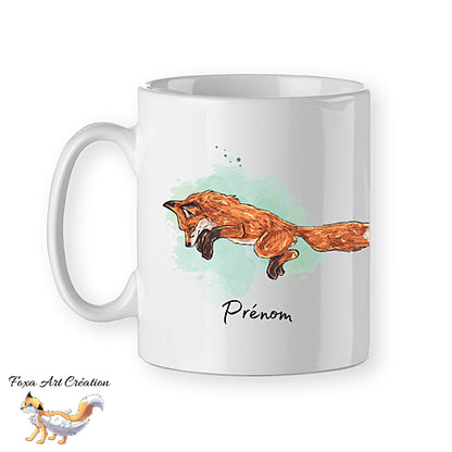Mug Renard Roux en Mulotage, qui bondit, Illustration, tasse cadeau personnalisable