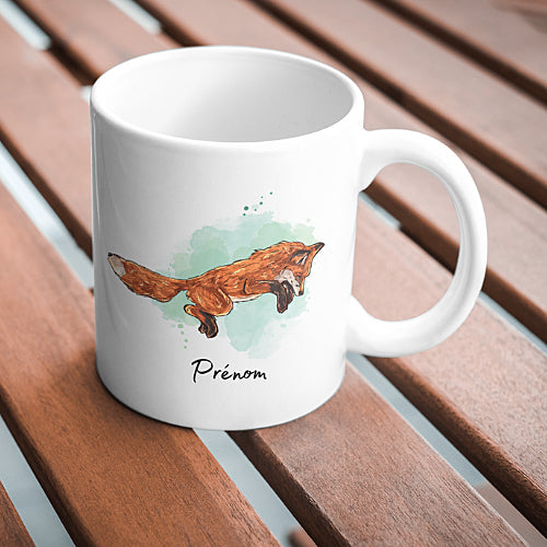 Mug Renard Roux en Mulotage, qui bondit, Illustration, tasse cadeau personnalisable
