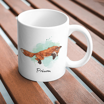 Mug Renard Roux en Mulotage, qui bondit, Illustration, tasse cadeau personnalisable