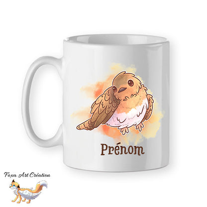 Mug Rouge-gorge, tasse cadeau prénom personnalisable